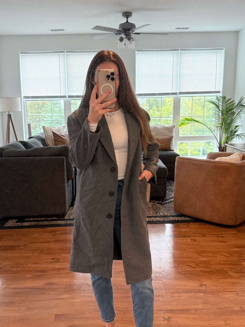 Mango Charcoal Gray Long Single-Breasted Trench Coat